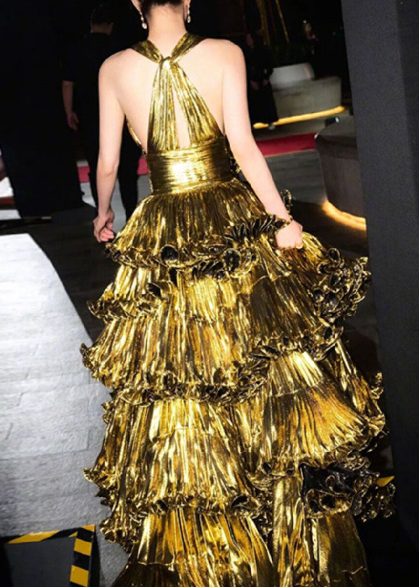 Elegant Three-Dimensional Ruffled V-Neck Low High Design Trailing Dress