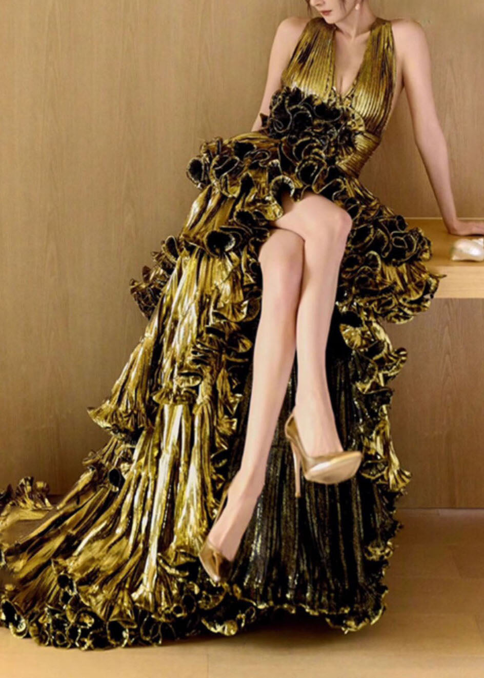 Elegant Three-Dimensional Ruffled V-Neck Low High Design Trailing Dress