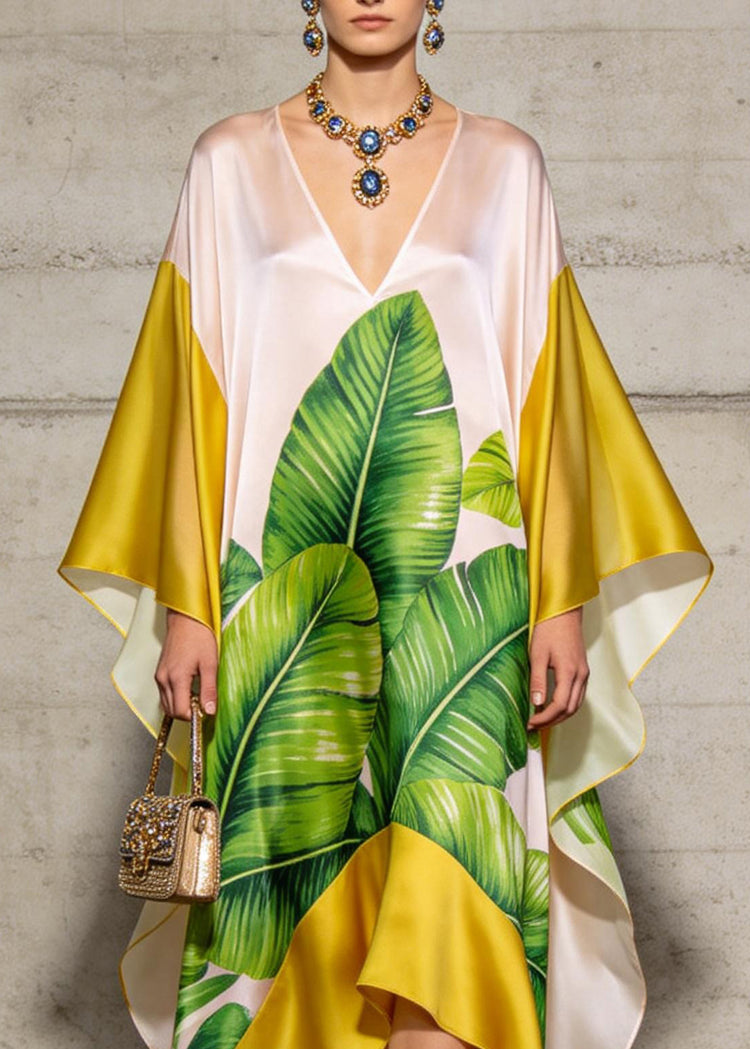 Elegant V Neck Asymmetrical Design Print Chiffon Dresses Summer - Omychic