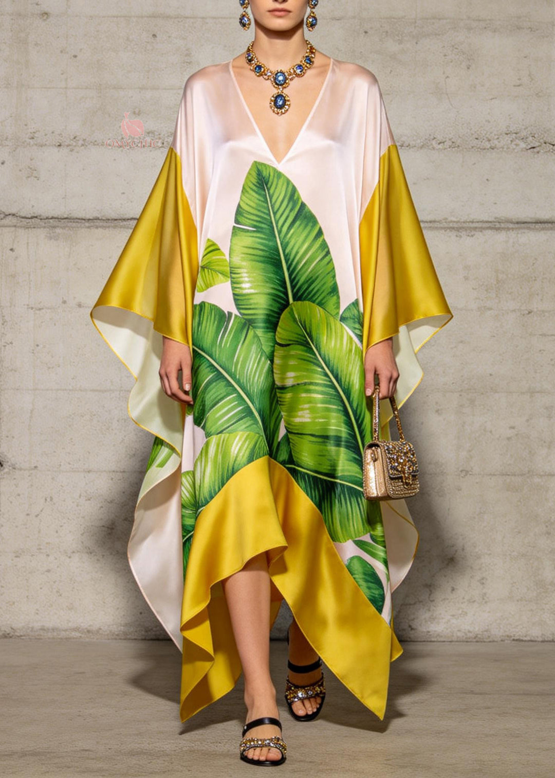 Elegant V Neck Asymmetrical Design Print Chiffon Dresses Summer - Omychic