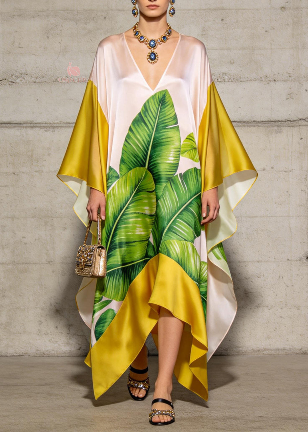Elegant V Neck Asymmetrical Design Print Chiffon Dresses Summer - Omychic