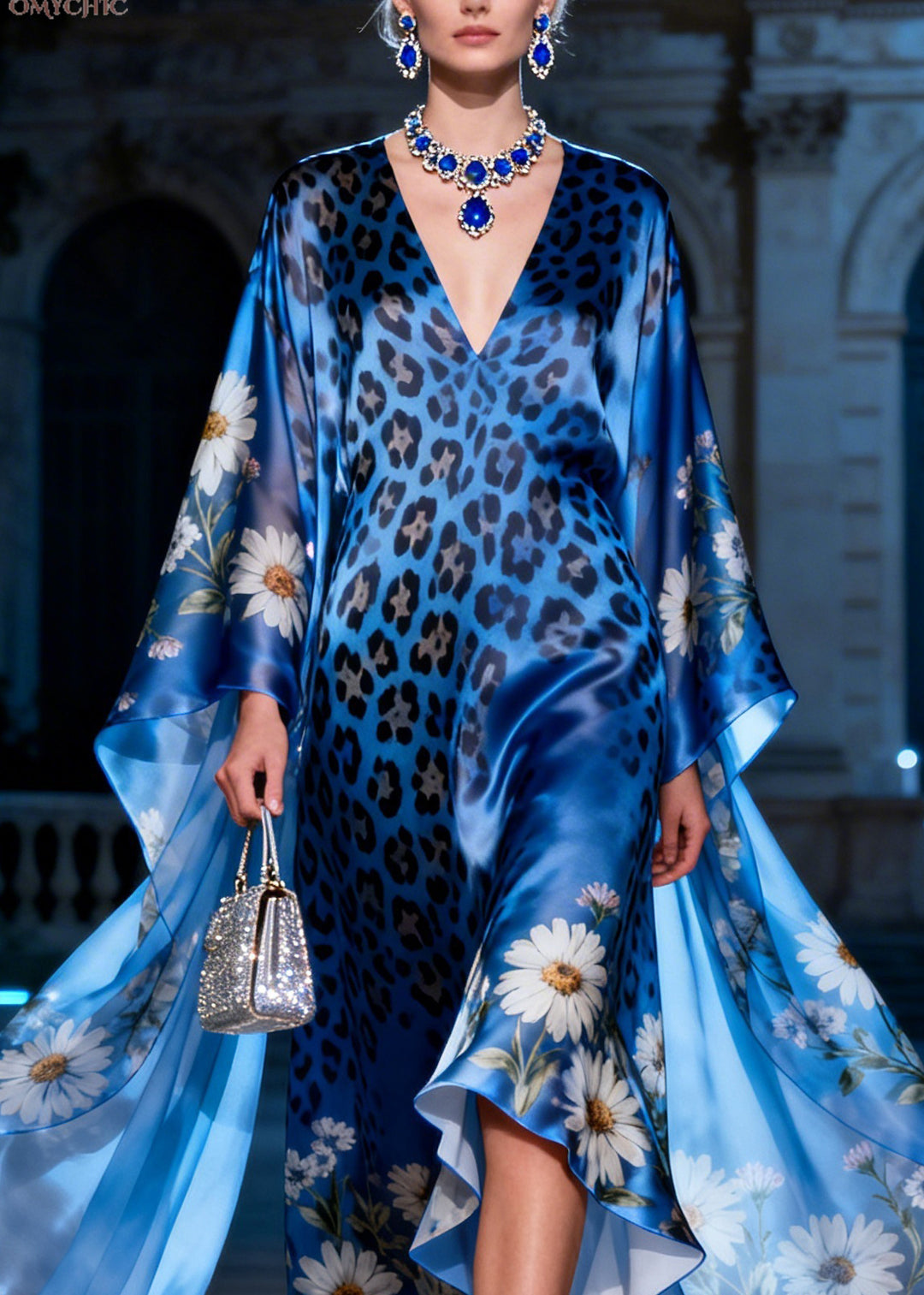 Elegant V Neck Asymmetrical Design Print Silk Maxi Dress Summer