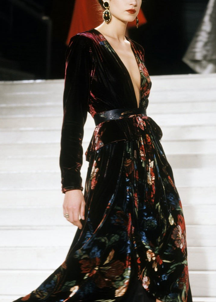 Elegant V Neck Asymmetrical Design Print Velvet Dress Fall