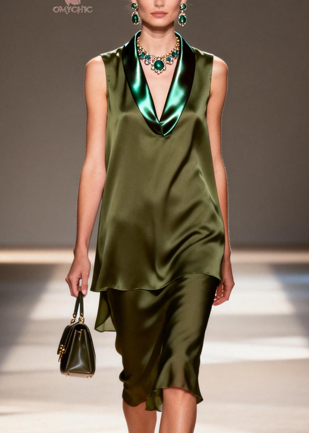 Elegant V Neck Patchwork False Two Pieces Silk Dresses Sleeveless