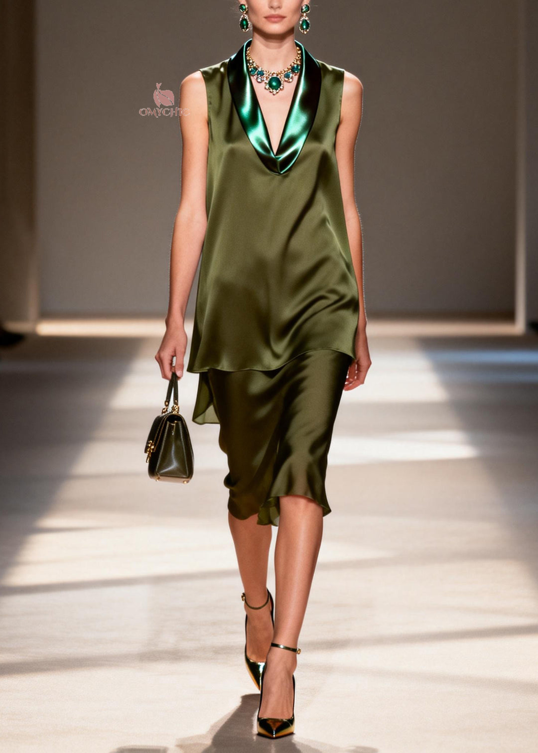 Elegant V Neck Patchwork False Two Pieces Silk Dresses Sleeveless