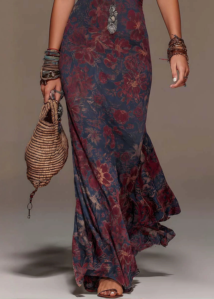 Elegant V Neck Print Lace Patchwork Cotton Vacation Dresses Sleeveless