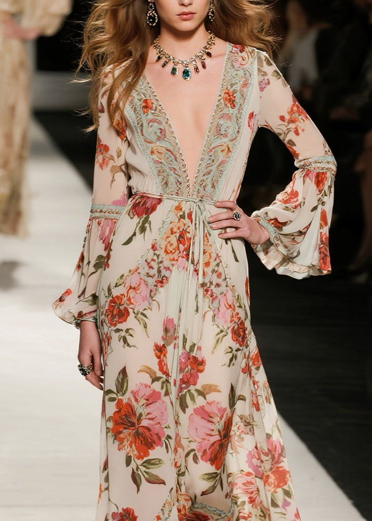Elegant V Neck Print Loose Cotton Dresses Flare Sleeve