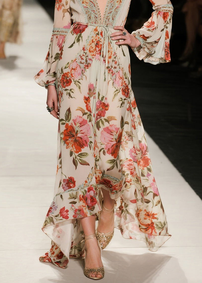 Elegant V Neck Print Loose Cotton Dresses Flare Sleeve