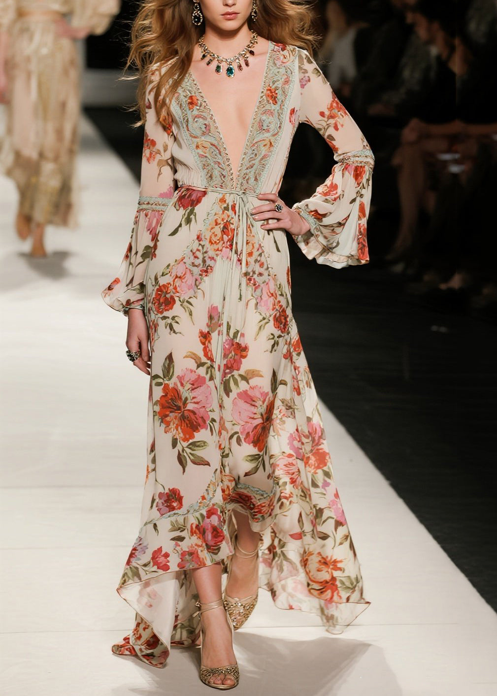 Elegant V Neck Print Loose Cotton Dresses Flare Sleeve