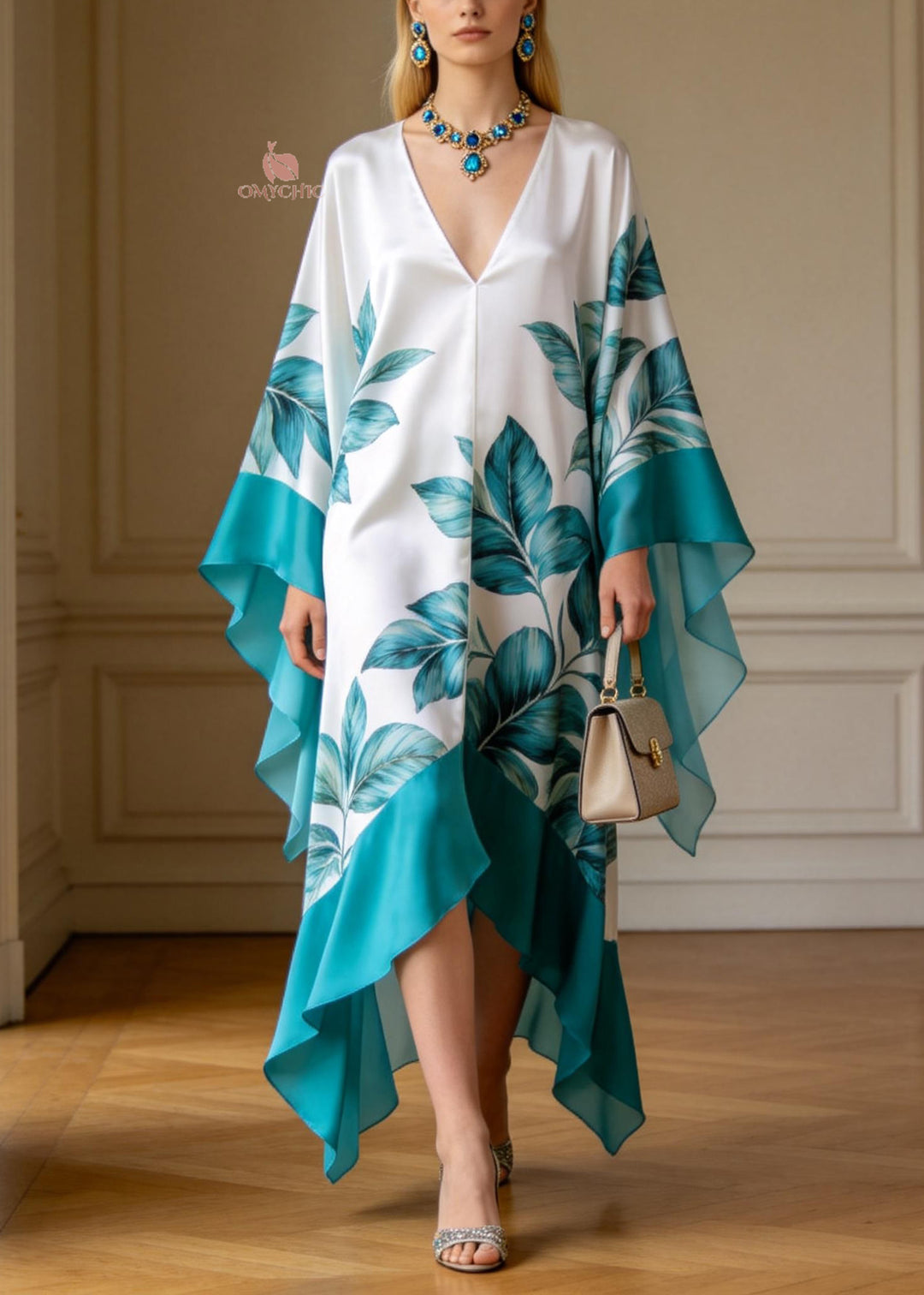 Elegant V Neck Print Patchwork Chiffon Long Dresses Summer