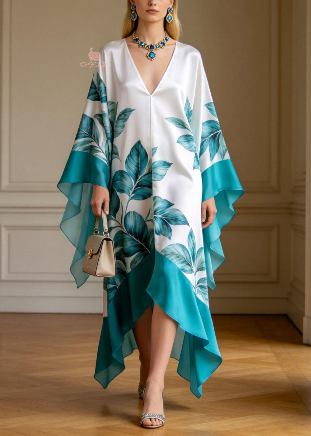 Elegant V Neck Print Patchwork Chiffon Long Dresses Summer