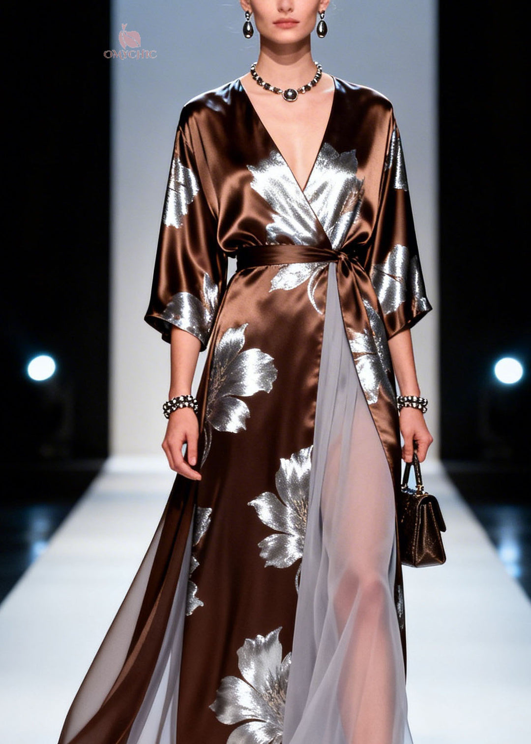 Elegant V Neck Print Patchwork Silk Dress Summer