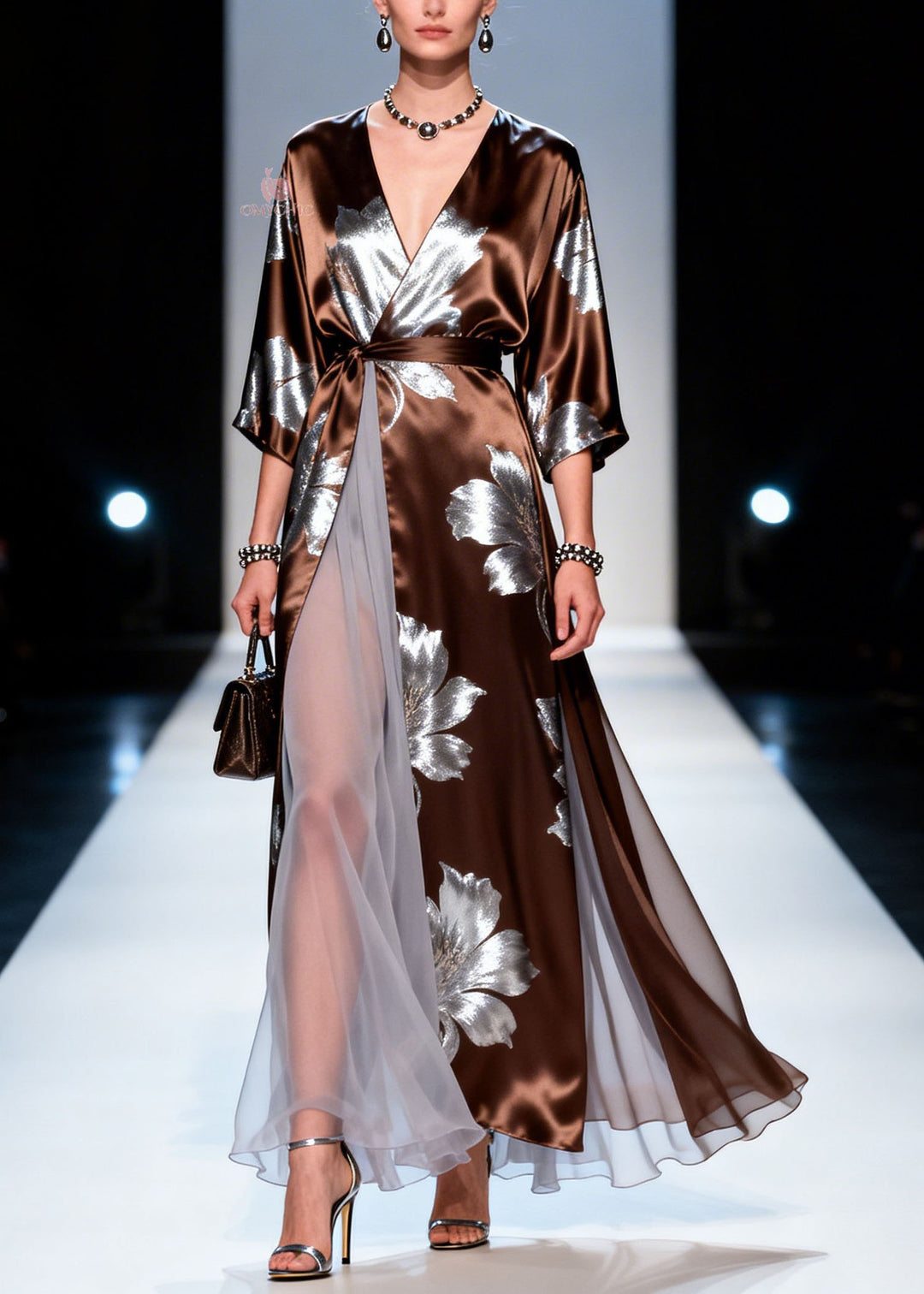 Elegant V Neck Print Patchwork Silk Dress Summer