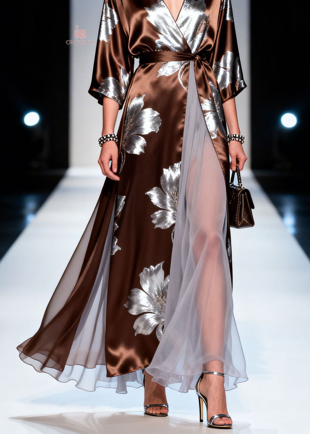Elegant V Neck Print Patchwork Silk Dress Summer