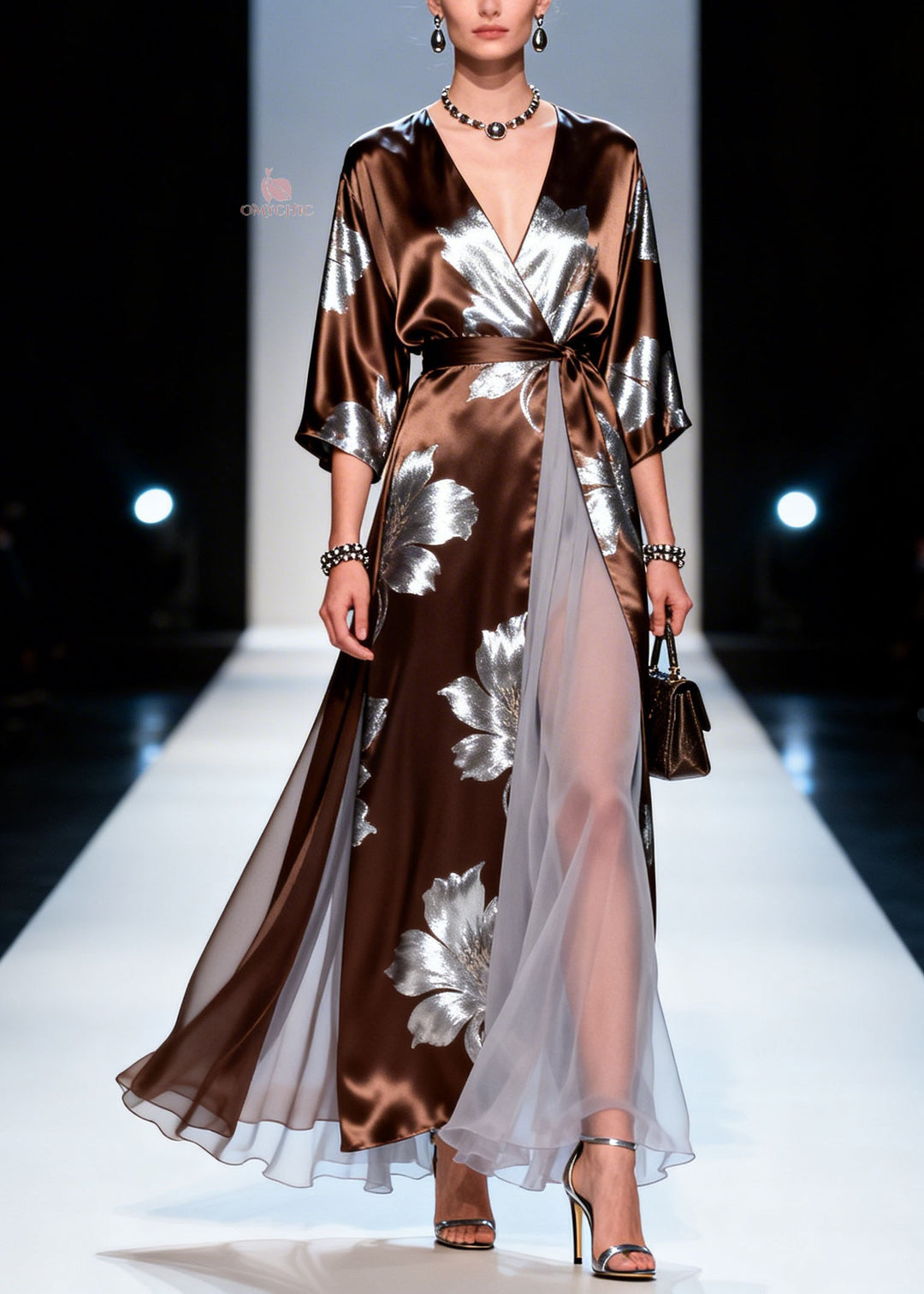 Elegant V Neck Print Patchwork Silk Dress Summer
