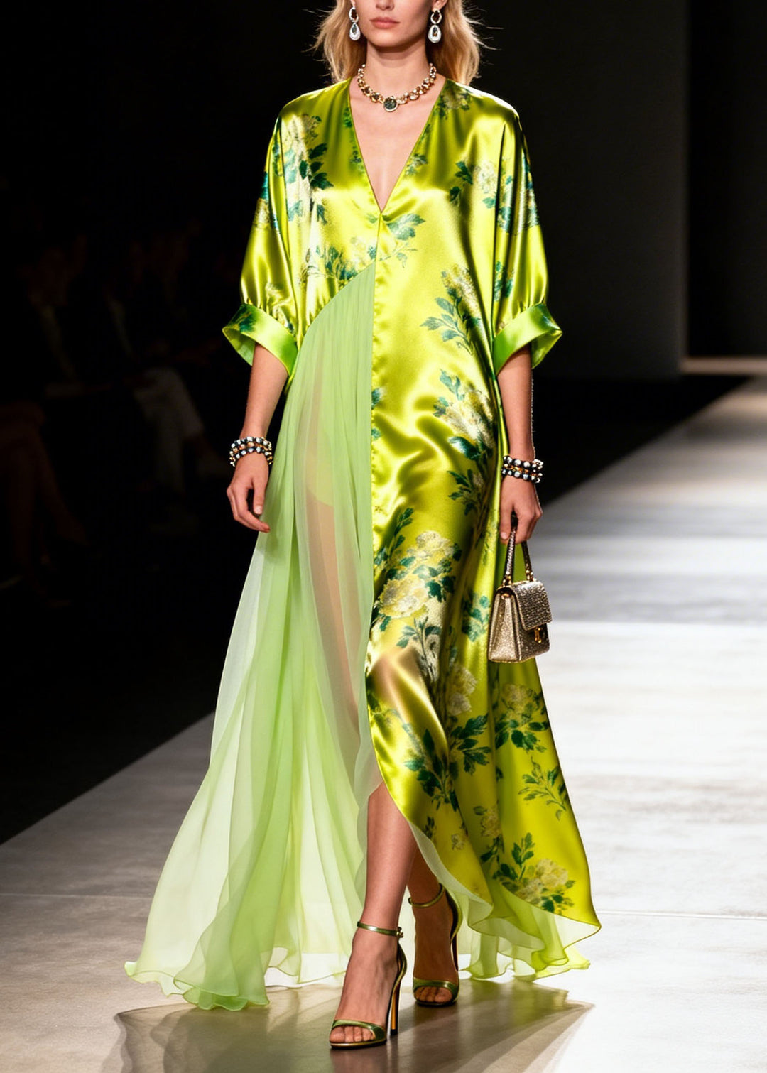 Elegant V Neck Print Patchwork Silk Long Dress Summer