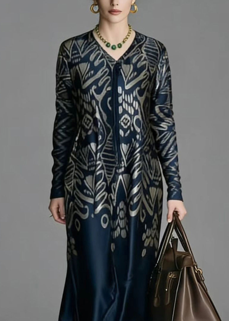 Elegant V Neck Print Plus Size Silk Dress Spring