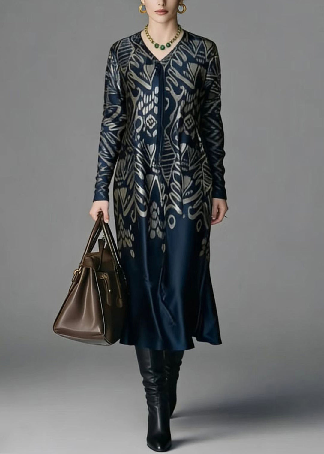 Elegant V Neck Print Plus Size Silk Dress Spring