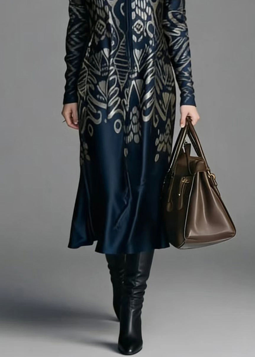 Elegant V Neck Print Plus Size Silk Dress Spring