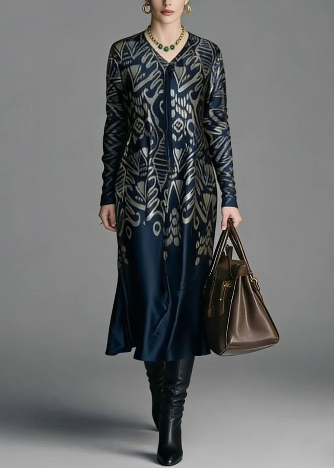 Elegant V Neck Print Plus Size Silk Dress Spring