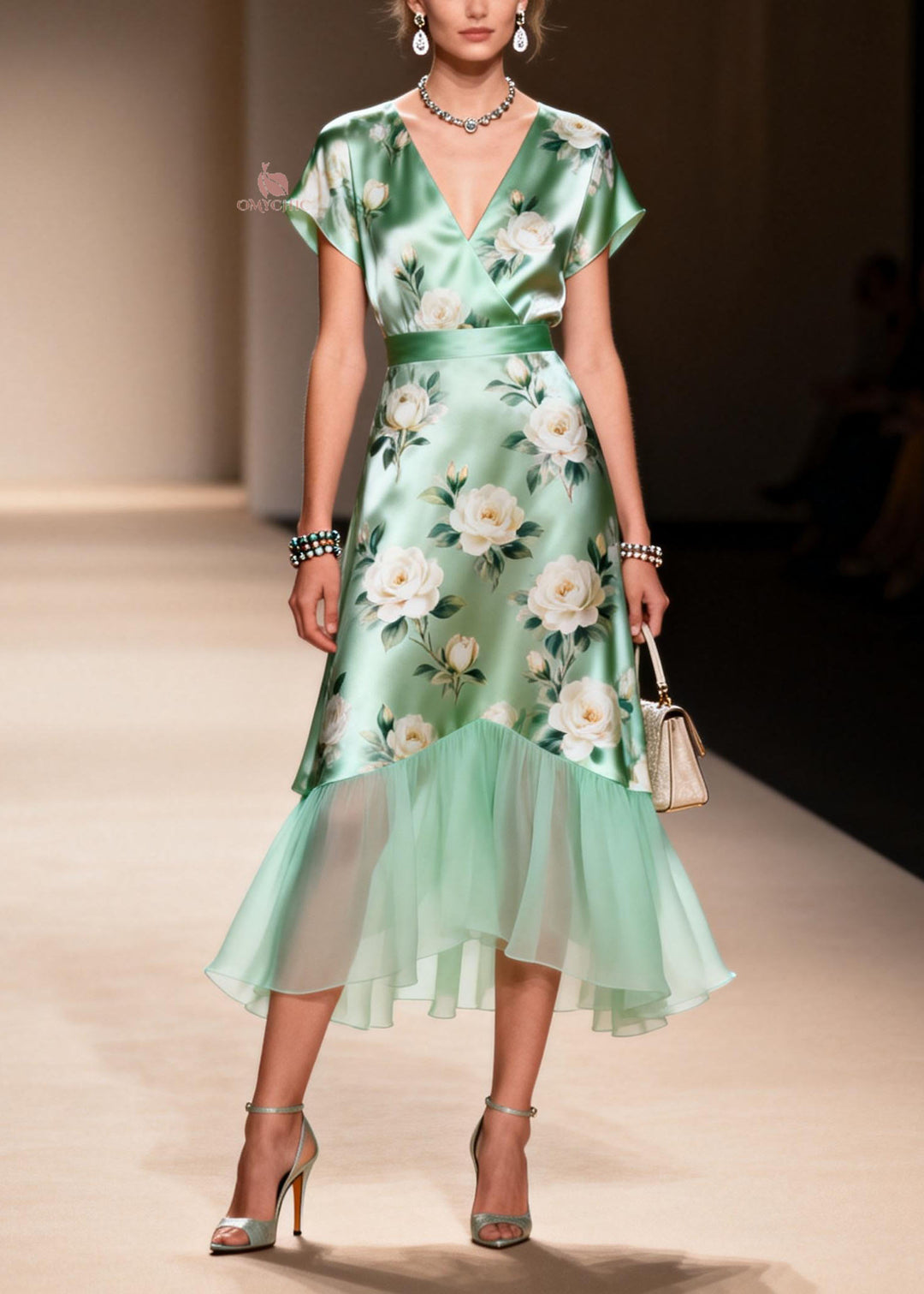 Elegant V Neck Print Ruffled Patchwork Silk Dresses Summer