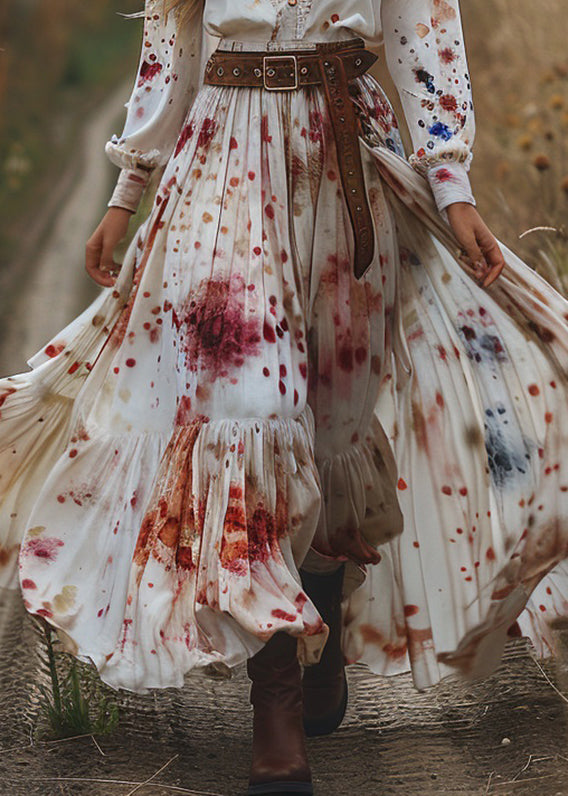 Elegant V Neck Print Wrinkled Patchwork Cotton Dresses Long Sleeve