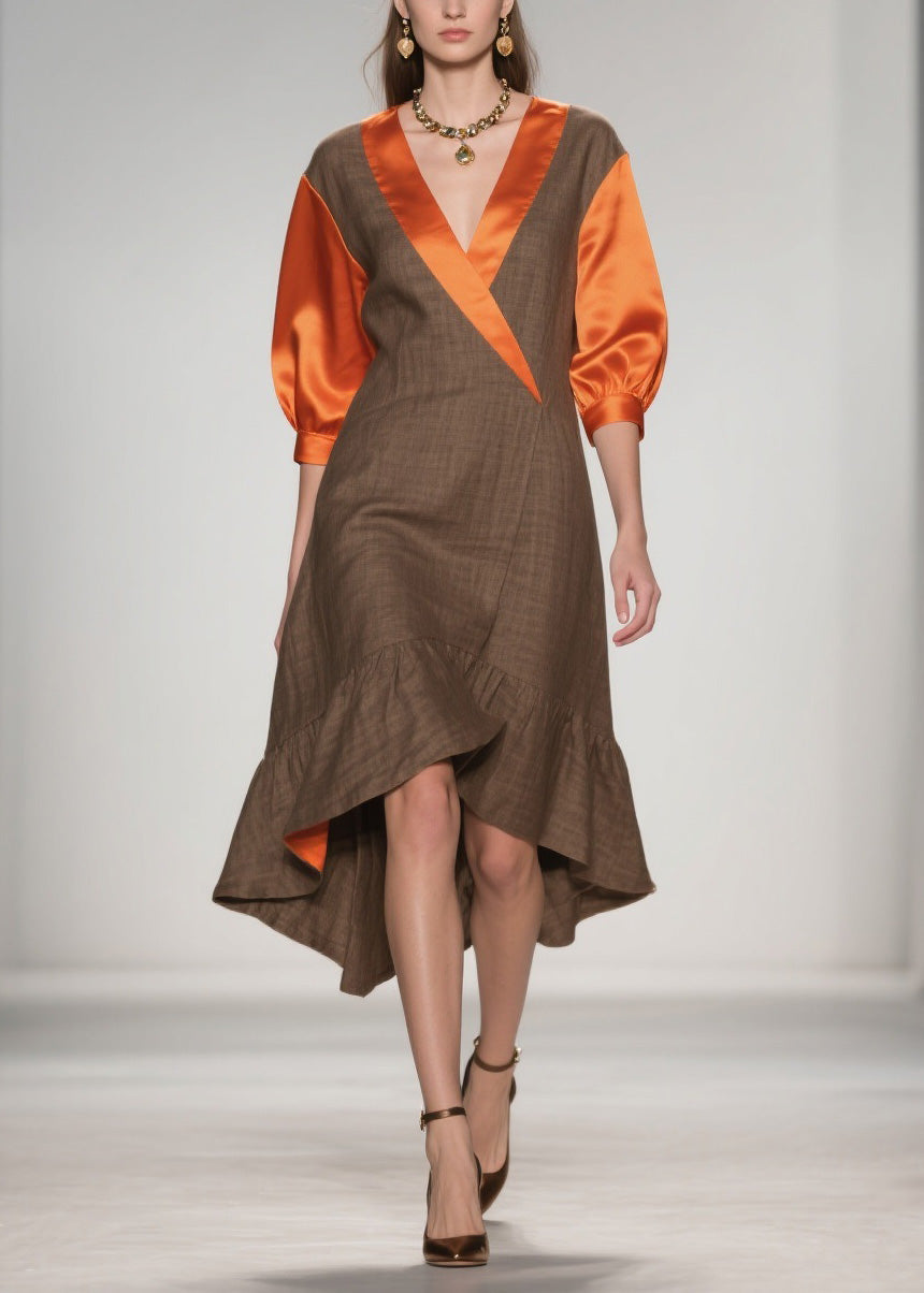 Elegant V Neck Ruffled Silk Patchwork Cotton Dresses Summer