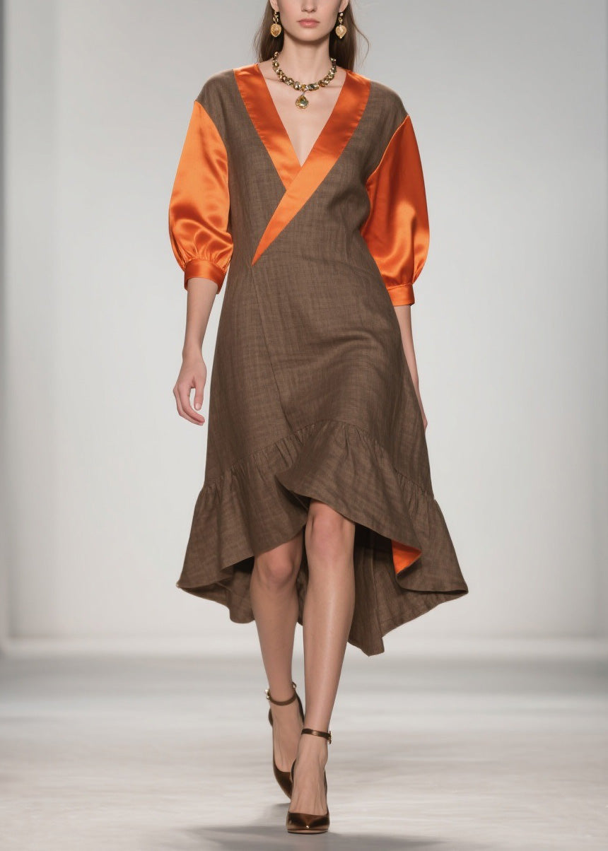 Elegant V Neck Ruffled Silk Patchwork Cotton Dresses Summer