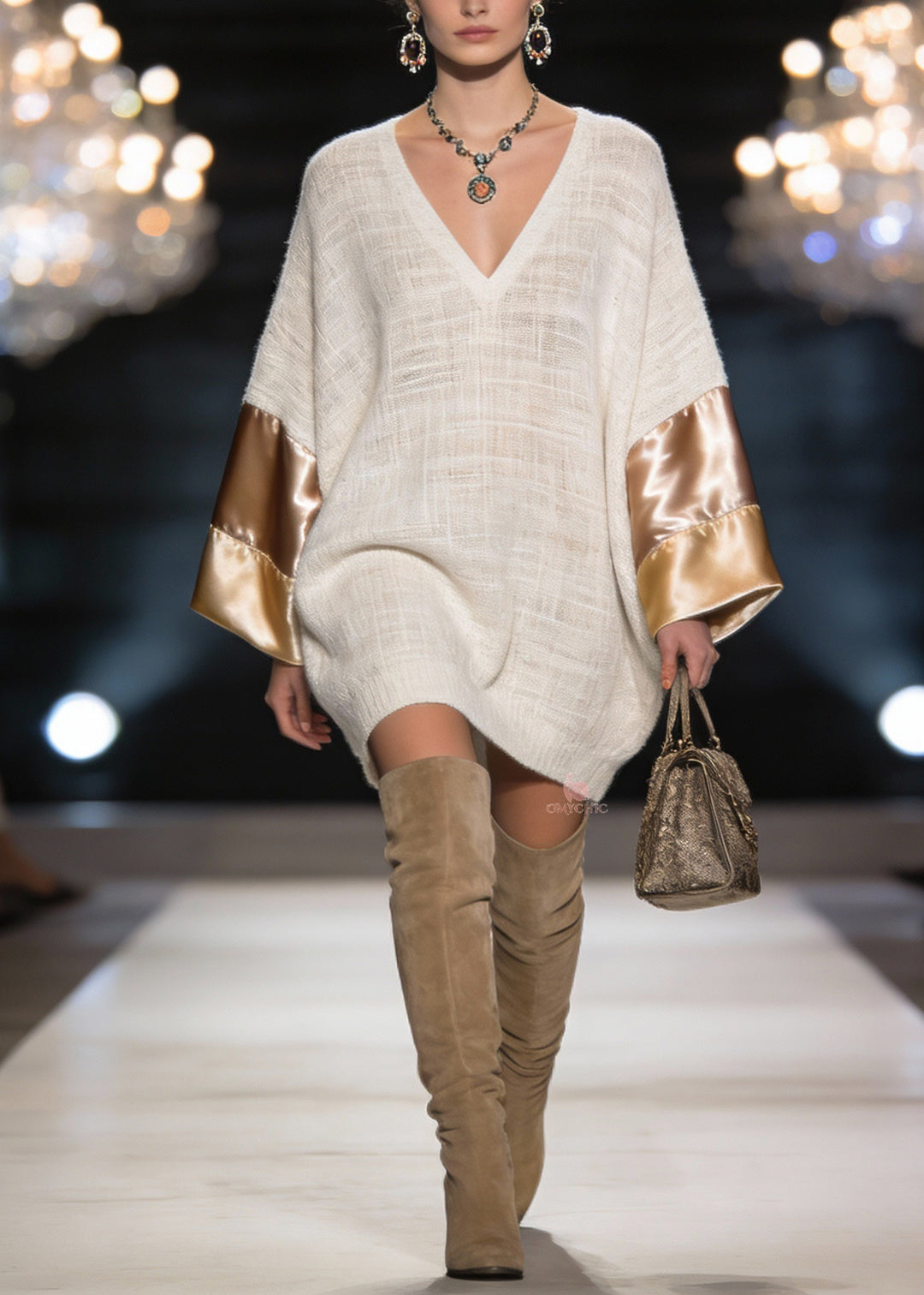 Elegant V Neck Silk Patchwork Linen Mid Dress Spring