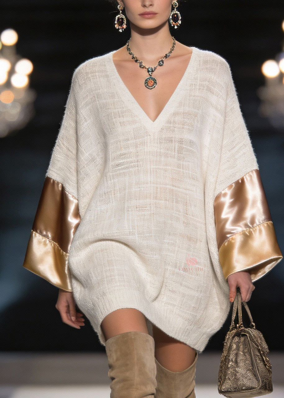 Elegant V Neck Silk Patchwork Linen Mid Dress Spring