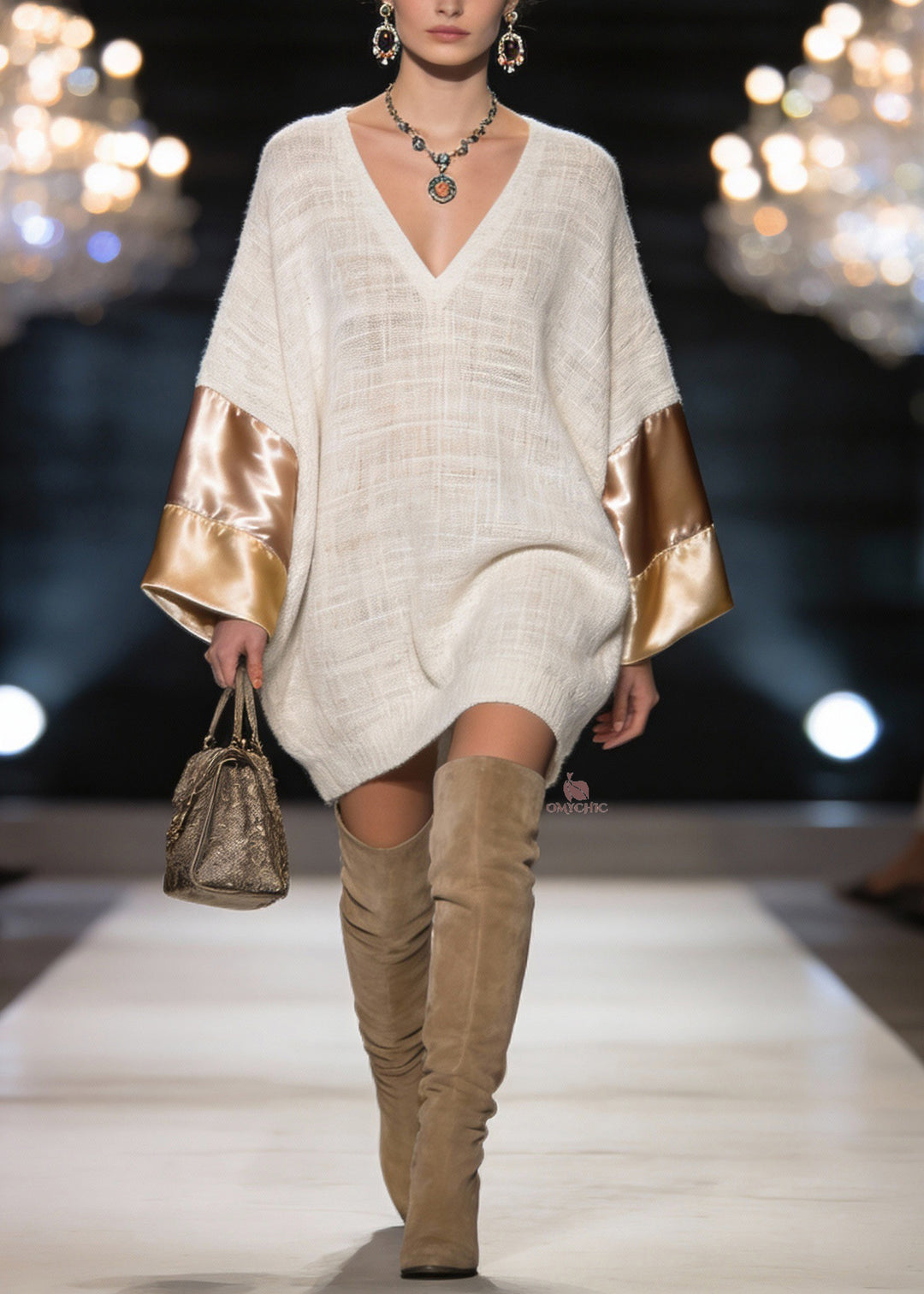 Elegant V Neck Silk Patchwork Linen Mid Dress Spring