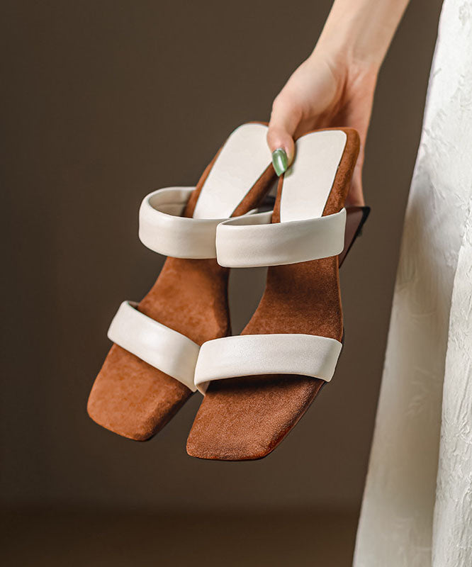 Elegant Wedge Beige Cowhide Leather Slide Sandals Peep Toe