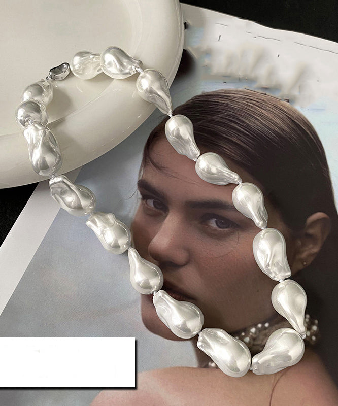 Elegant White Alloy Asymmetrical Pearl Gratuated Bead Necklace - Omychic