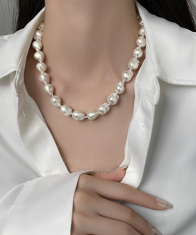 Elegant White Alloy Asymmetrical Pearl Gratuated Bead Necklace - Omychic