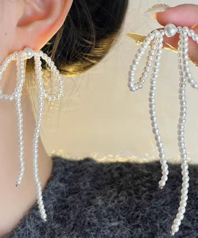 Elegant White Alloy Bow Beading Tassel Drop Earrings
