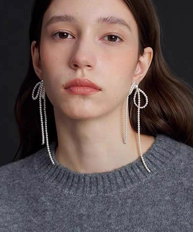 Elegant White Alloy Bow Beading Tassel Drop Earrings