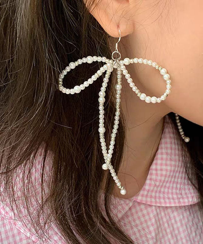 Elegant White Alloy Bow Beading Tassel Drop Earrings