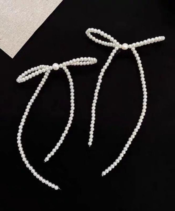 Elegant White Alloy Bow Beading Tassel Drop Earrings
