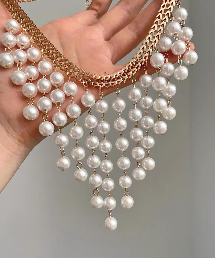 Elegant White Alloy Chain Grapes Pearl Tassel Pendant Necklace - Omychic