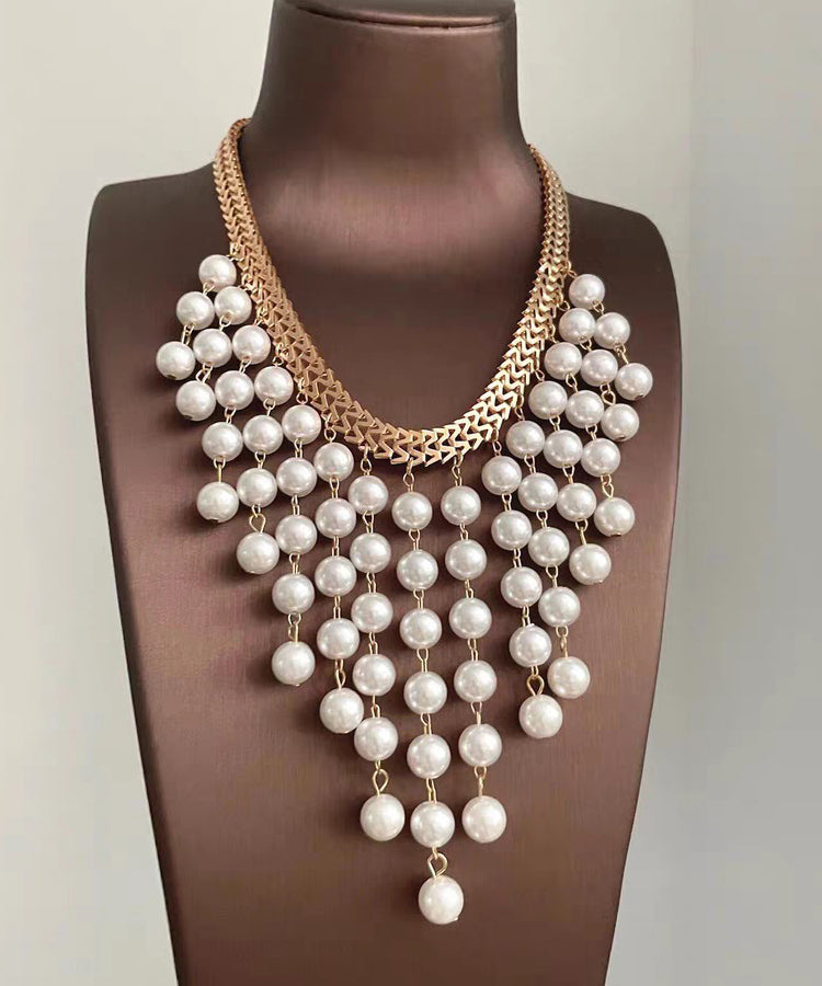 Elegant White Alloy Chain Grapes Pearl Tassel Pendant Necklace - Omychic