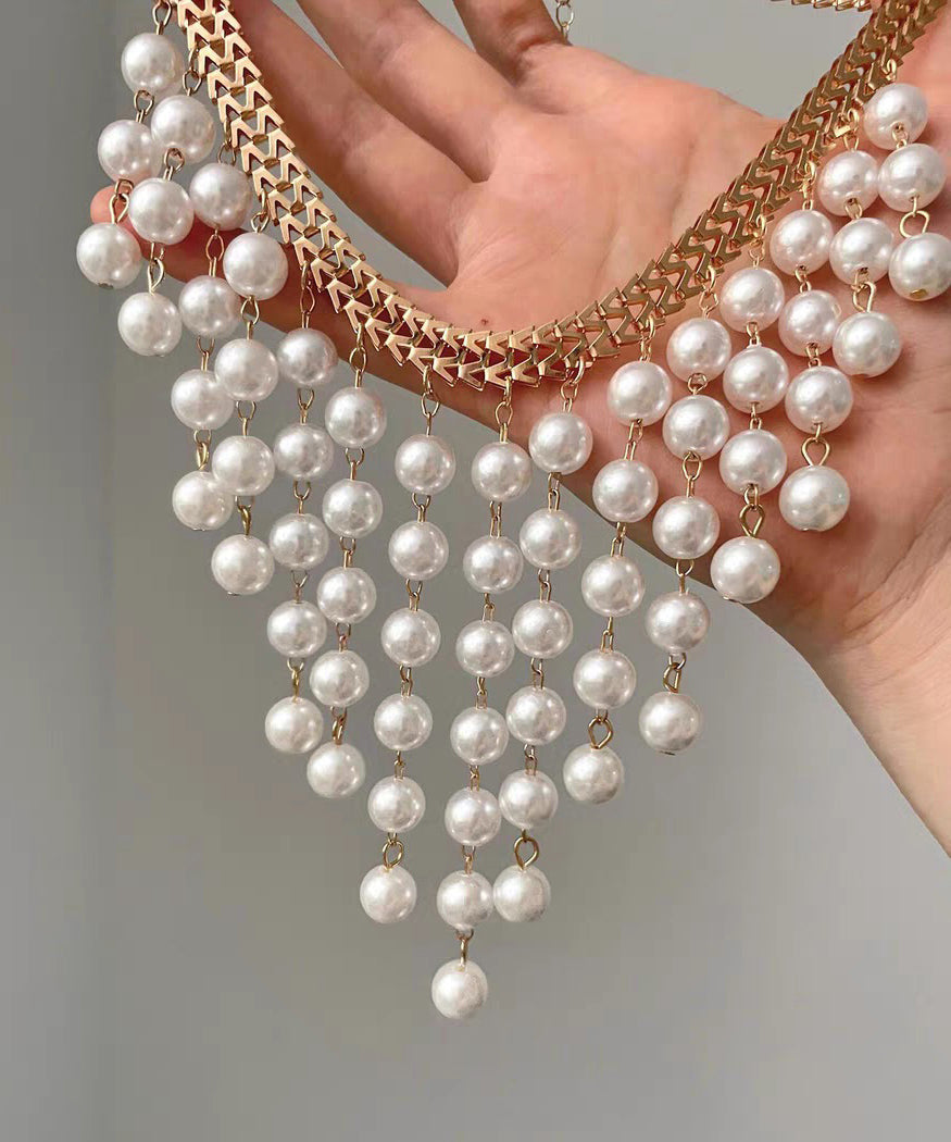 Elegant White Alloy Chain Grapes Pearl Tassel Pendant Necklace - Omychic