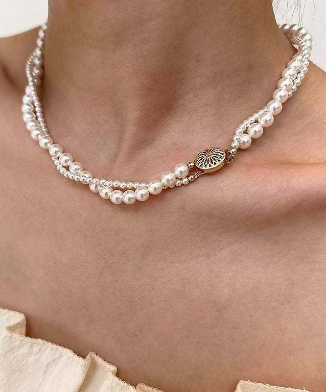 Elegant White Alloy Double-Layer Pearl Winding Gratuated Bead Necklace