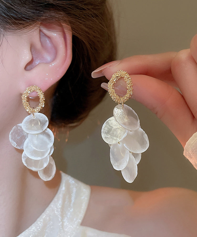 Elegant White Alloy Shell Tassel Drop Earrings
