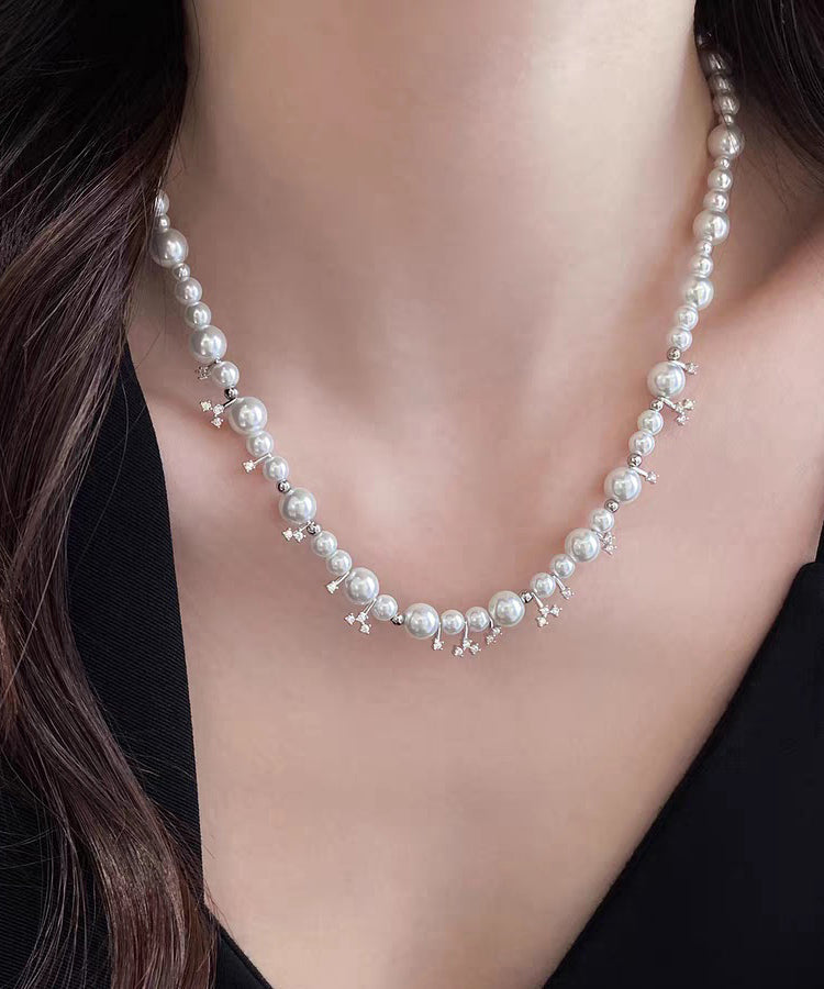 Elegant White Alloy Zircon Pearl Beading Gratuated Bead Necklace - Omychic