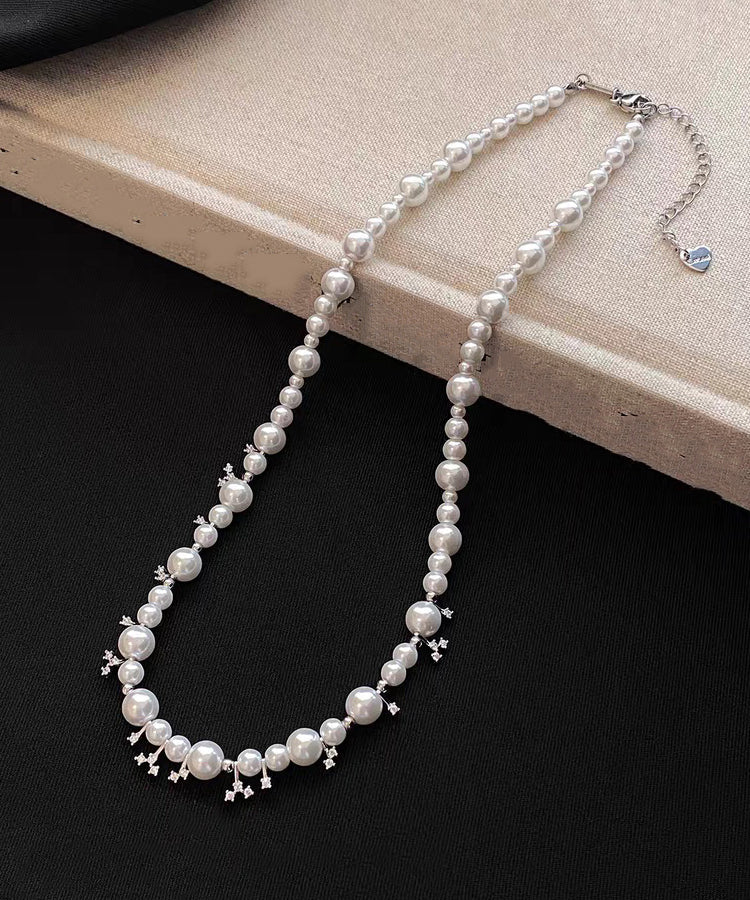 Elegant White Alloy Zircon Pearl Beading Gratuated Bead Necklace - Omychic