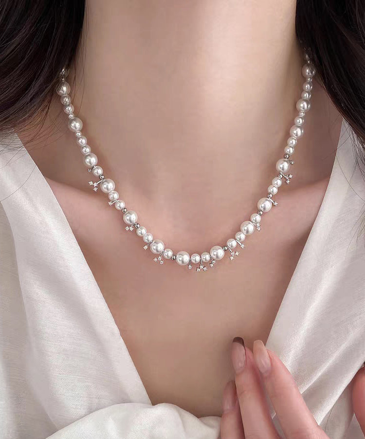 Elegant White Alloy Zircon Pearl Beading Gratuated Bead Necklace - Omychic
