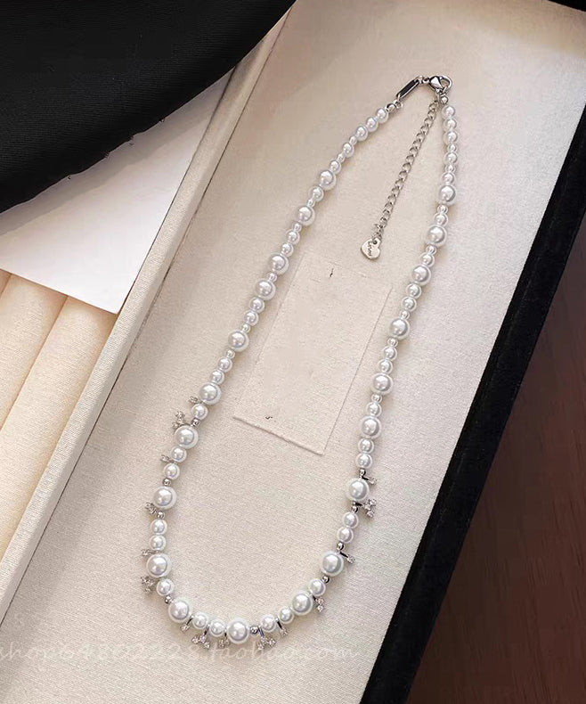 Elegant White Alloy Zircon Pearl Beading Gratuated Bead Necklace - Omychic