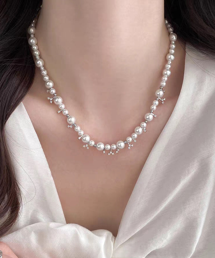 Elegant White Alloy Zircon Pearl Beading Gratuated Bead Necklace - Omychic