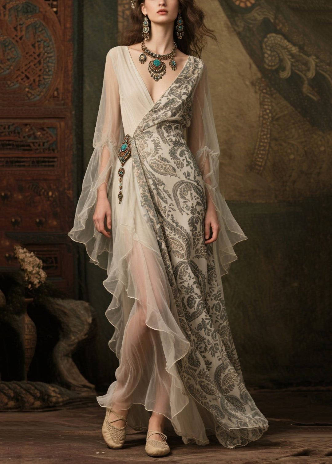 Elegant White Asymmetrical Print Chiffon Vacation Dress Summer