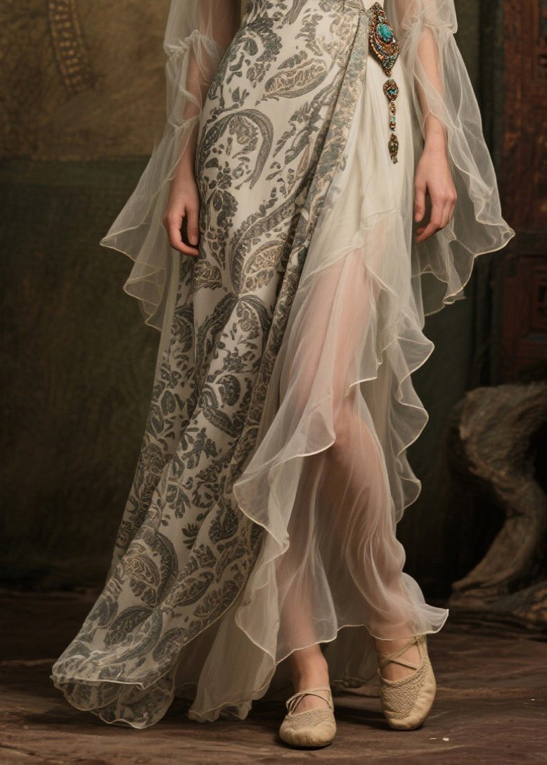 Elegant White Asymmetrical Print Chiffon Vacation Dress Summer